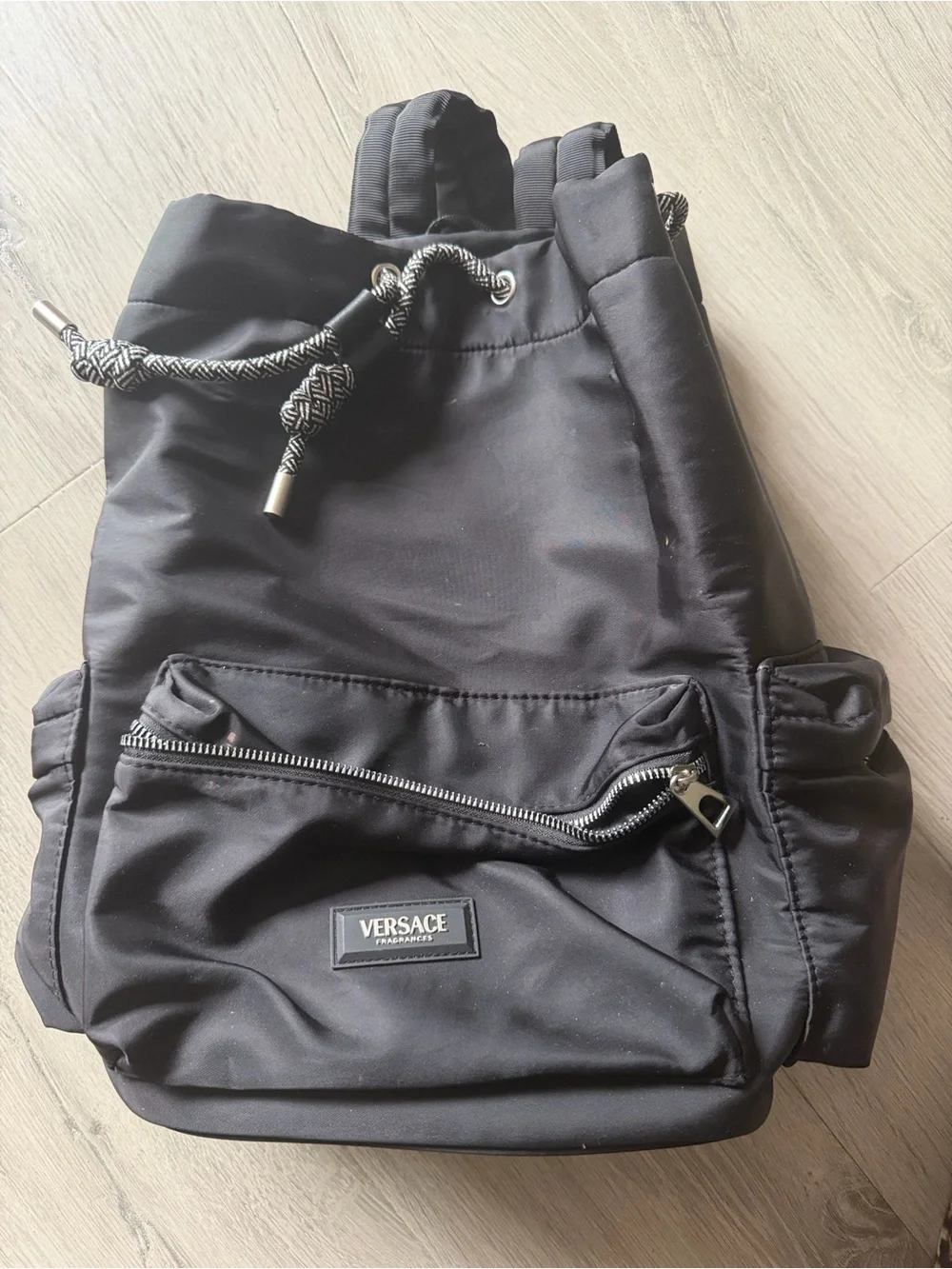 Versace Black Nylon Drawstring Backpack with Front Zip Pocket